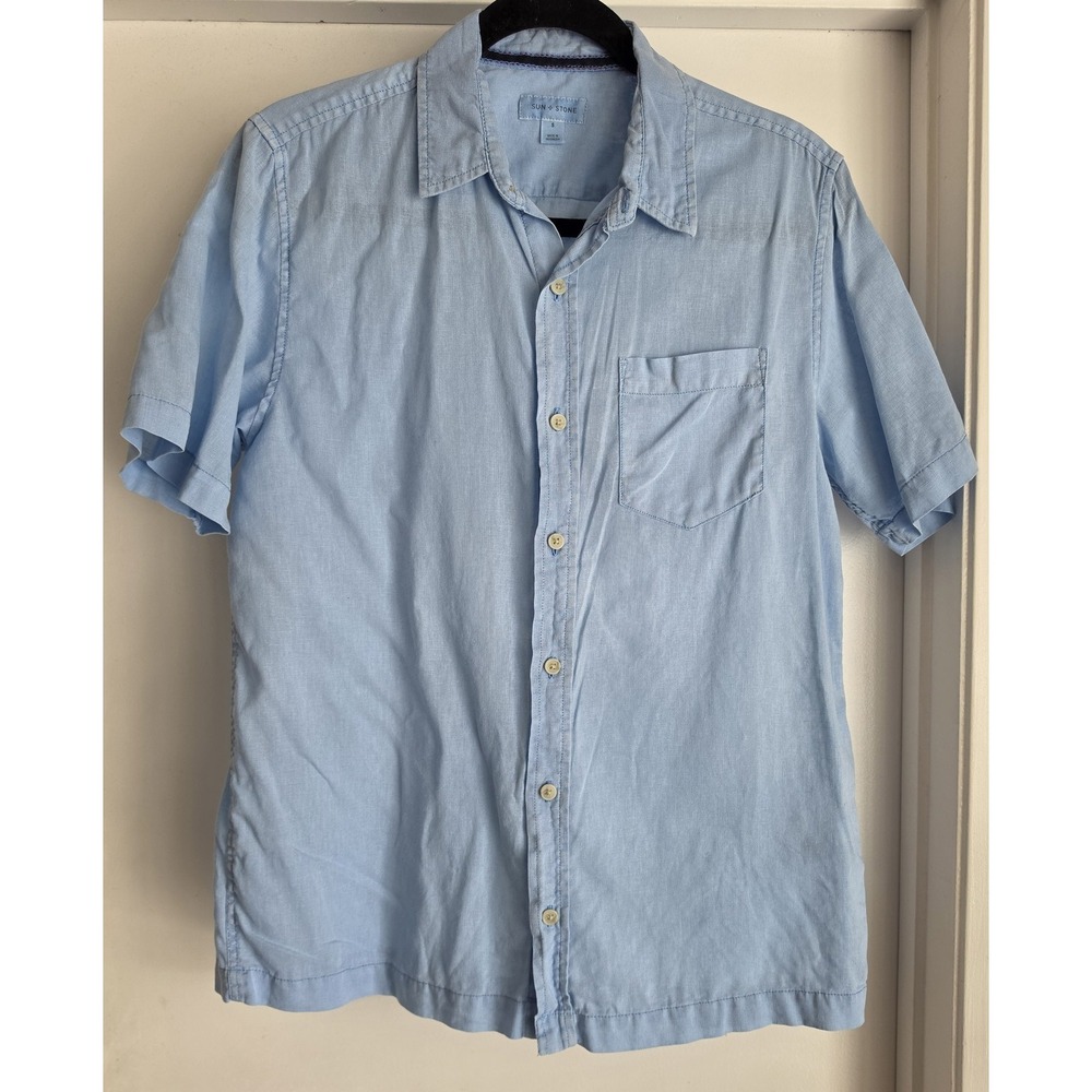Sun + Stone Men S Linen Cotton Button-Up Shirt Small Light Blue Casual Top